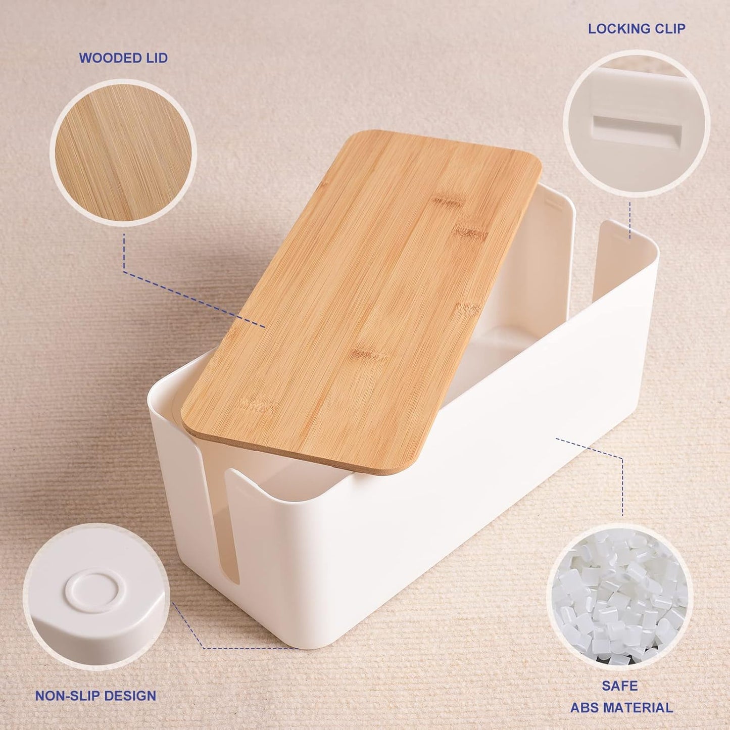 Cable Management Box - Wooden Style Cord Organizer Box to Hide Wires & Power Strips | Desk Computer Cable Organizer Box | Safe ABS Material | 12.6" (L) x 5.3" (W) 4.9" (H) | for Home & Office - White