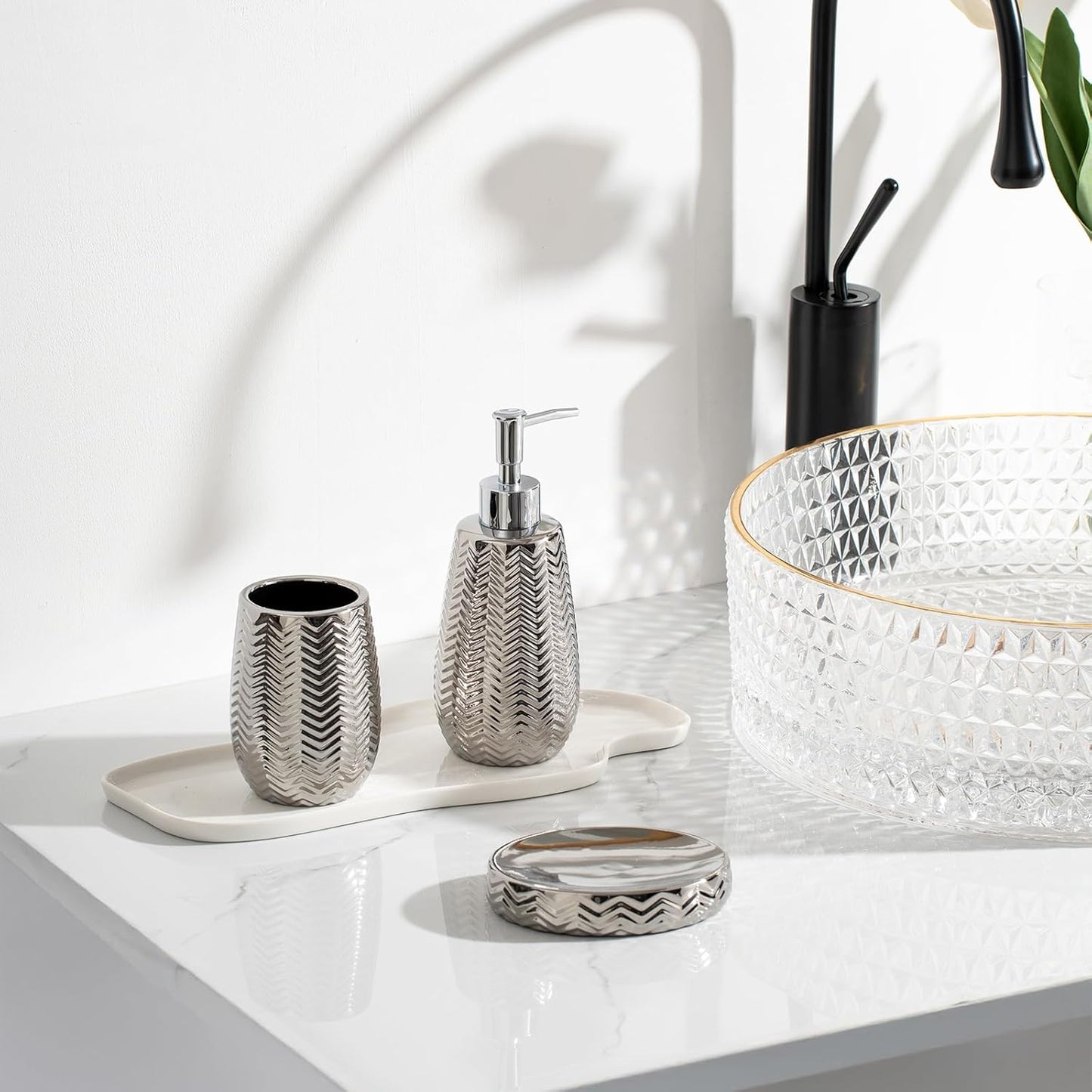 Silver Bathroom Accessories Set 3 Piece, Soap Dispenser, Toothbrush Holder and Soap Dish, Wave Design Stylish Elegant Ceramic Bathroom Decor