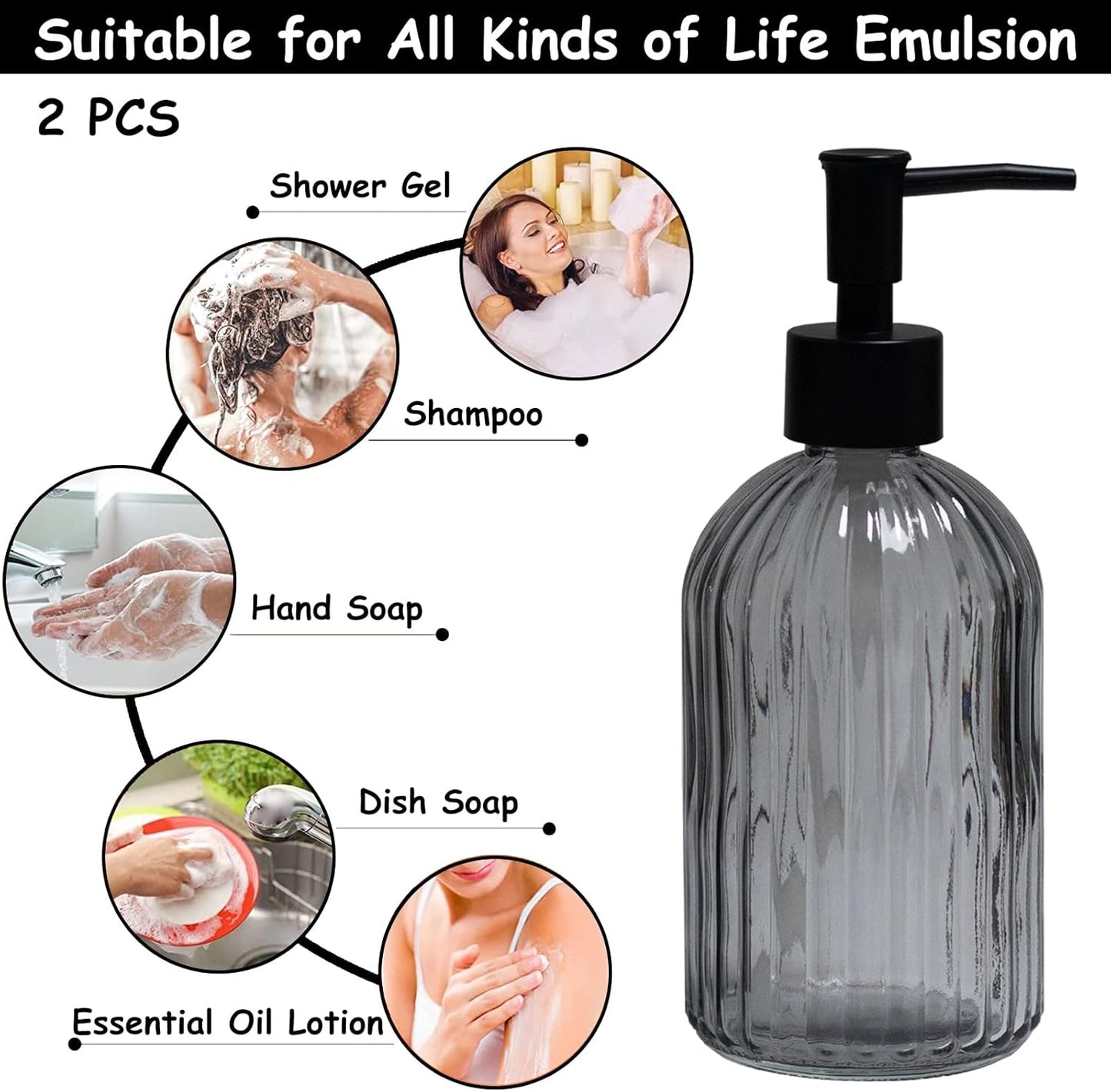 Gray Glass Soap Dispenser Set with Black Pump, 13.5oz Refillable Liquid Hand Soap Dispenser, Lotion Dish Soap Dispenser for Modern Home Decor, Bathroom, Kitchen Countertop, Hotel(2 Pack)