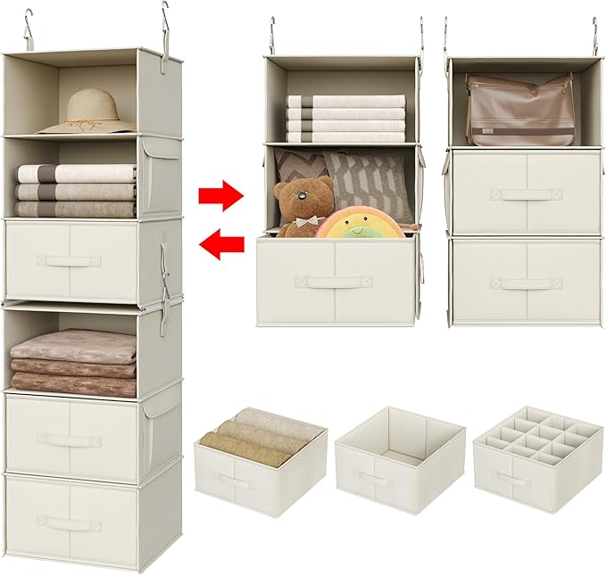 Vailando 6-Shelf Hanging Closet Organizer, 2 Separable 3-Shelf Hanging Shelves with 3 Drawers for Wardrobe, Nursery, Baby Clothes Organization and Storage, Beige