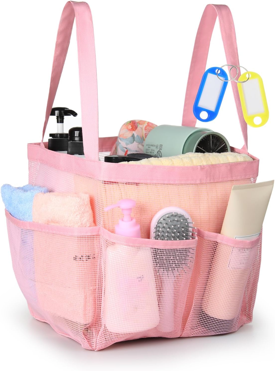 Temede Mesh Shower Caddy Tote, Large Shower Caddy Basket Portable, Quick Dry Hanging Toiletry Bag, 8 Storage Pocket Bath Organizer for College Dorm, Gym, Camp, Travel (Pink)