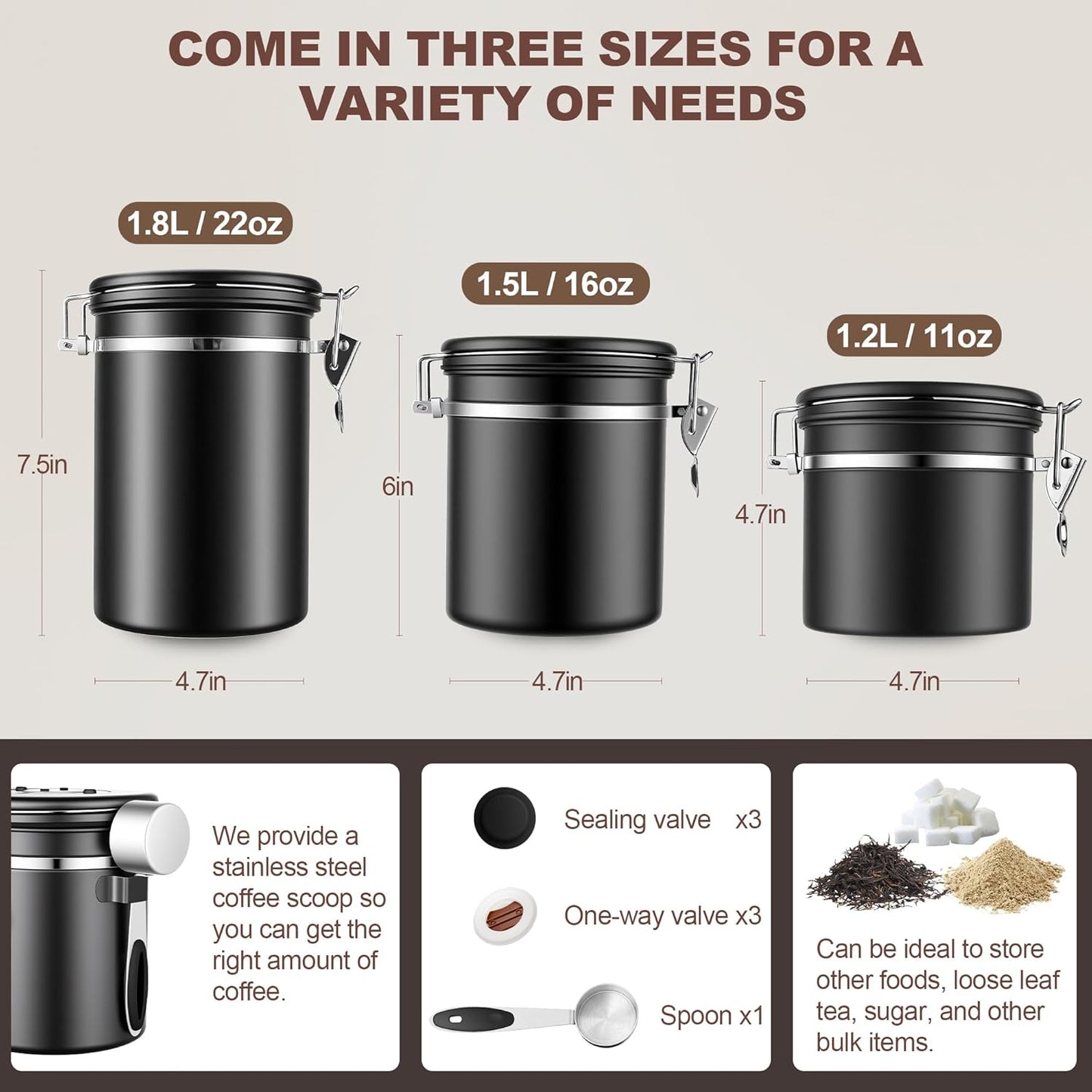 ShanSon Coffee Canister Airtight Coffee Container Stainless Steel Coffee Bean Storage Container with Scoop Coffee Canister for Beans Grounds Sugar Flour Tea Cereal,22OZ, Black