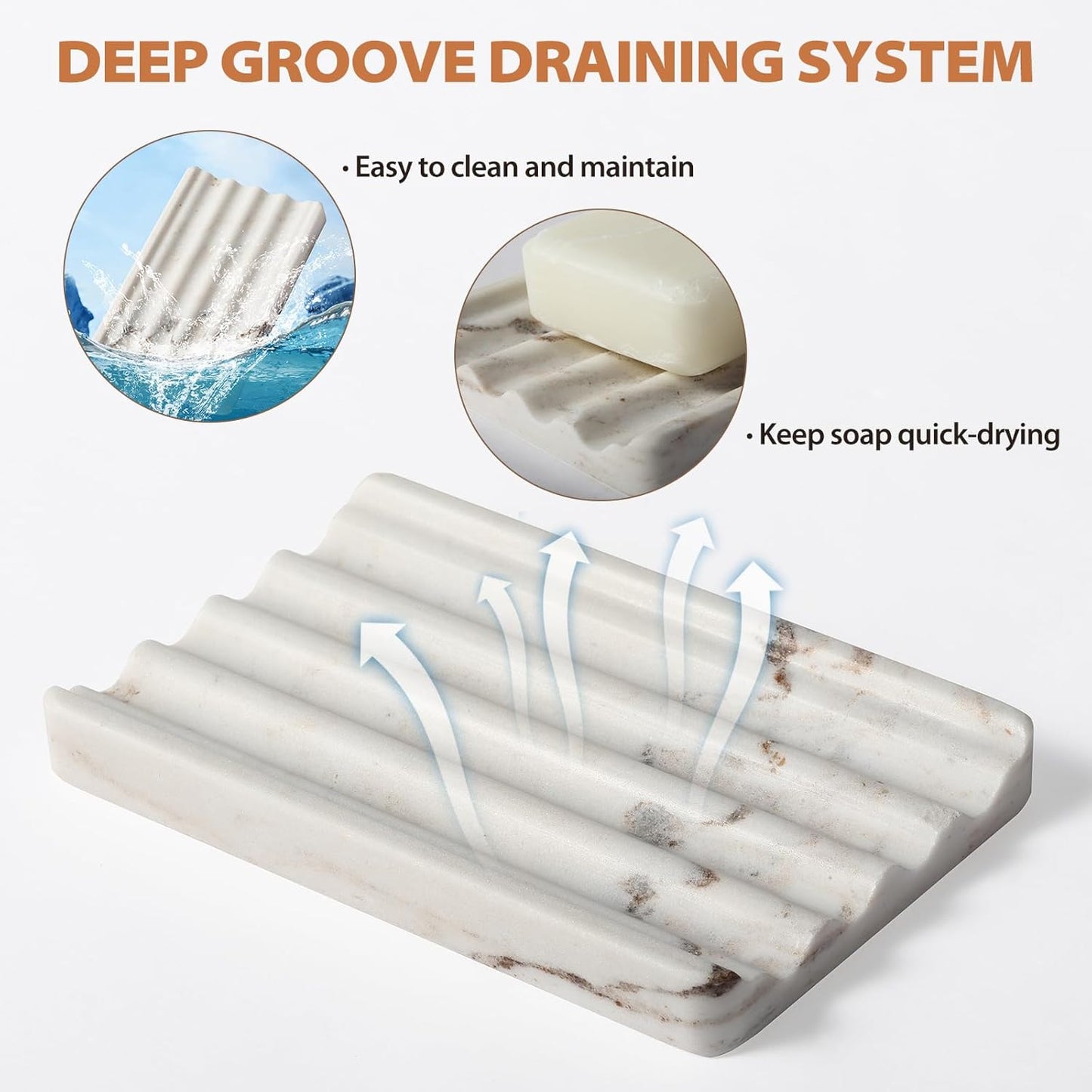 Koville Natural Marble Soap Dish for Shower, Stone Soap Tray for Bathroom, Bar Soap Holder for Sink, Stripe Grooves Saver Stone Dish Tray Keep Bars Dry Easy Clean(Palissandro Classico)