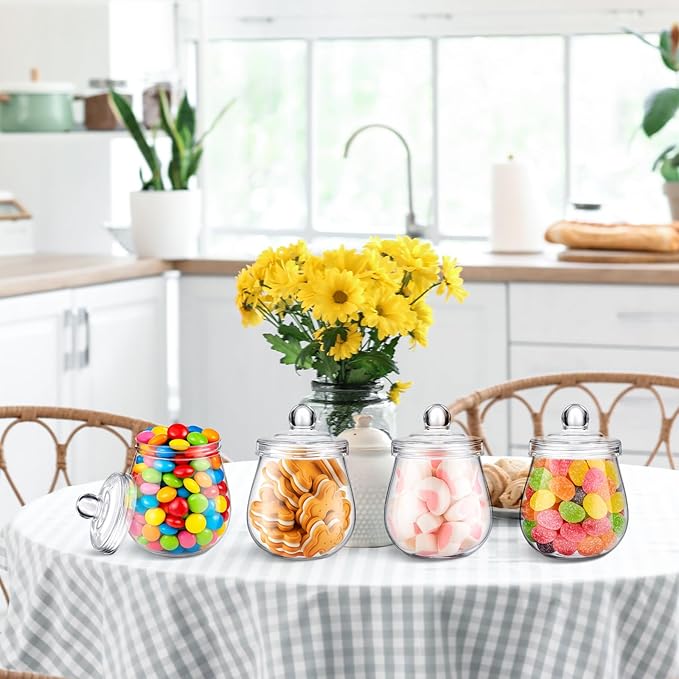 Nuogo 4 Pcs Plastic Candy and Cookie Jars with Lids Clear Cookie Container Candy Jars Large Airtight Apothecary Storage Organization for Wedding Home Kitchen Bar (Classic,16 oz)