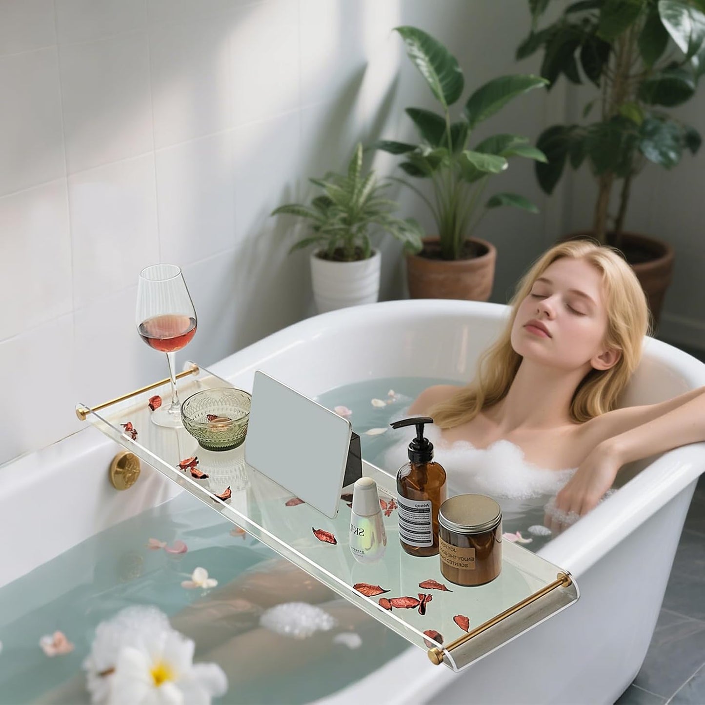 Acrylic Bathtub Tray Caddy, Clear Bath Shelf Tub Rack with Golden Handle, Luxury Bathroom Organizer Tablet Holder SHUNLI