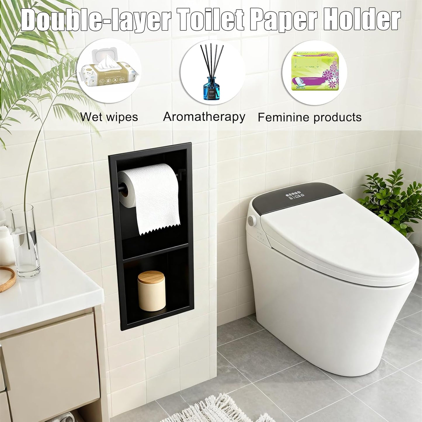 Recessed Toilet Paper Holder, Matte Black Toilet Paper Roll Holder Built-in Bathroom Tissue Roll Holder with Storage, Stainless Steel，Rust-Proof and Space-Saving