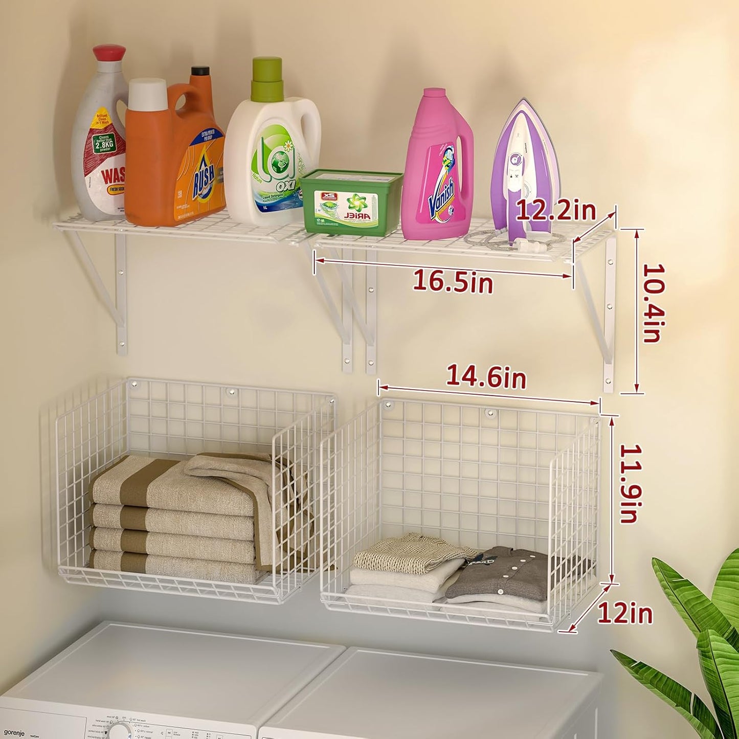 2 Pack Laundry Room Shelves Wall Mounted with Wire Baskets, Over the Washer and Dryer Shelf with Clothes Drying Rack, 8 Hooks，Wire Shelves Baskets for Laundry Closet Organization and Storage, White