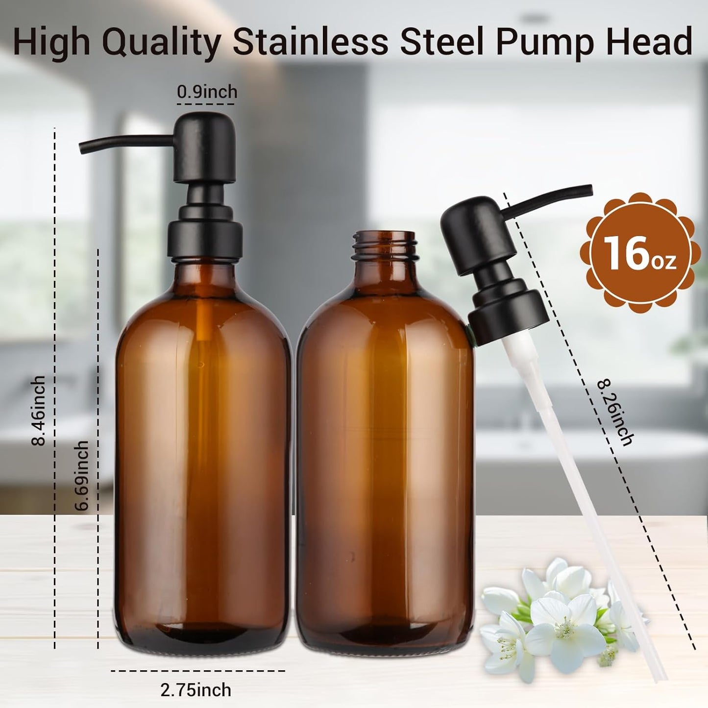 2 Pack Brown Glass Bottle, Soap Dispenser with Stainless Steel Pump,17 oz Upgrade Hand and Dish Soap Dispensers Kitchen, Hand Soap Dispenser Bathroom Accessories for Hotel, Vacation Rental, Restaurant