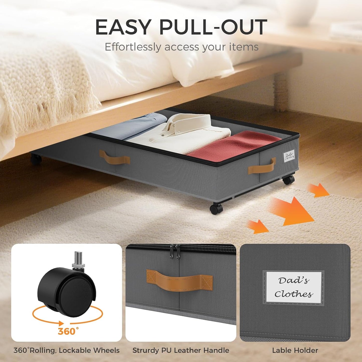 Under Bed Storage with Wheels 4-Pack, 75L XXL Under the Bed Storage Containers Large, 12" Tall Adjustable Storage for Underbed with Lids, Rolling for Shoes, Clothes, Blankets (4PCS-Grey)