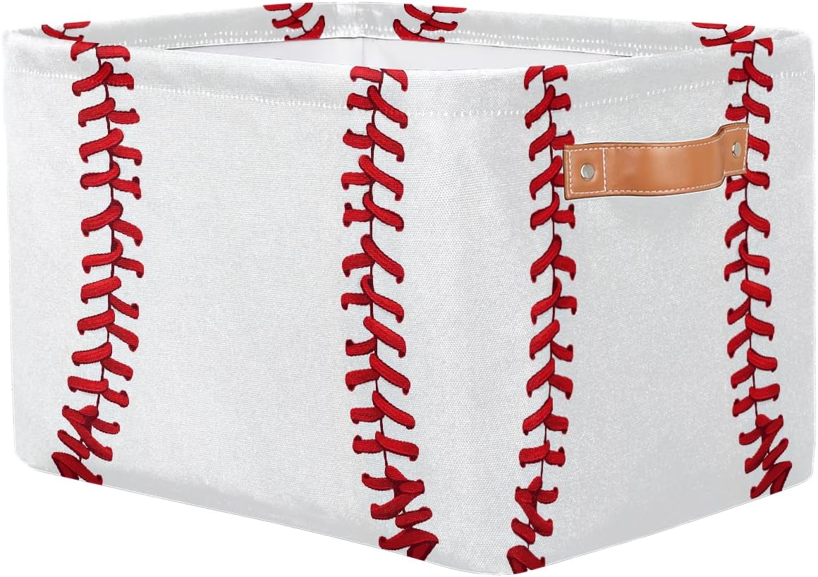 Baseball Storage Basket for Shelves, Storage Bins with Handles, Collapsible Basket for Organizing, Closet Toy Baskets for Nursery Room, 15x11x9.5 in, Canvas, Sports Baseball Stitches Lace