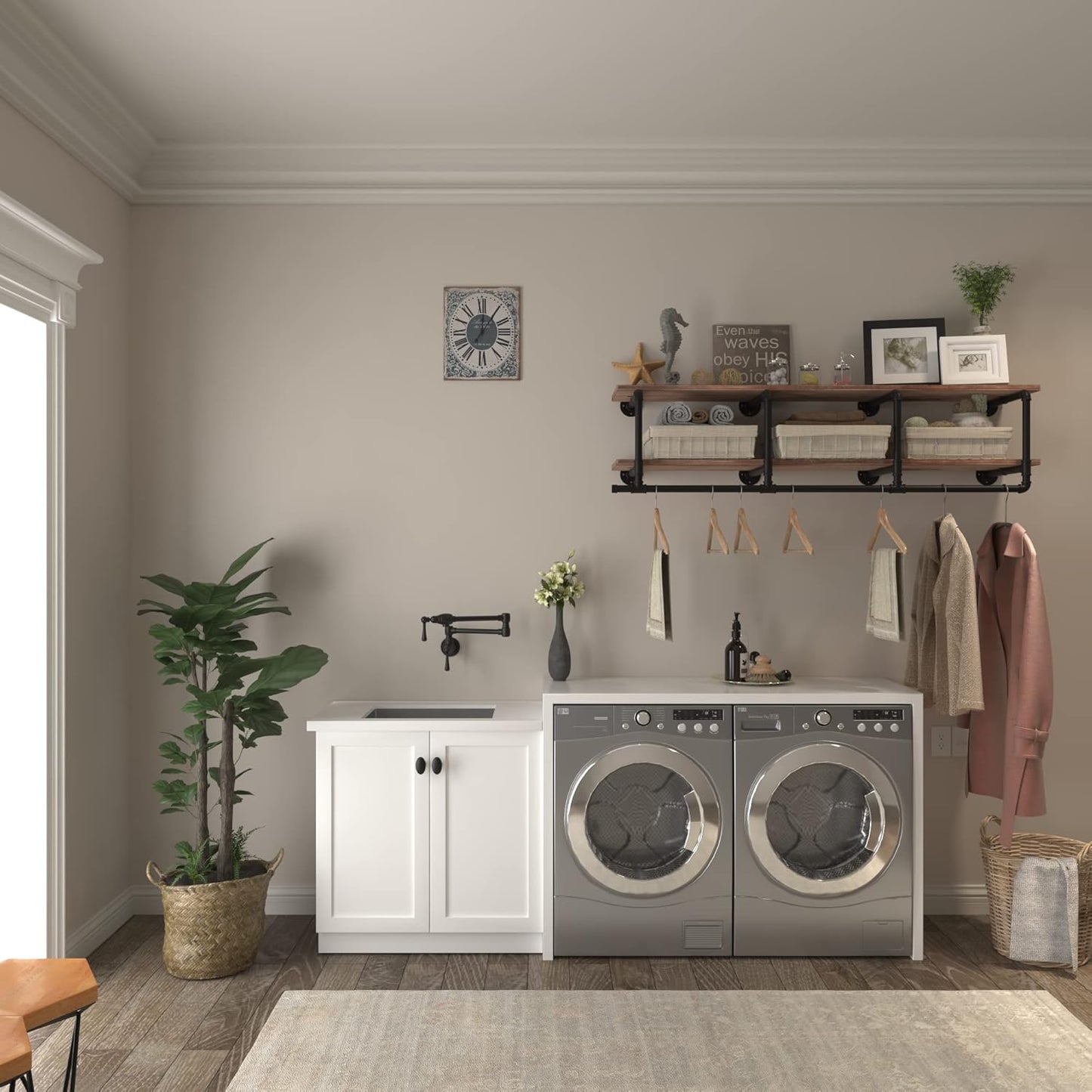 60In Industrial Pipe Clothing Rack with Top Shelf, Space-Saving Wall Mounted Clothes Rack 2 Tiers Pipe Shelves, Shelf with Hanging Rod for Laundry Room, Closet Storage