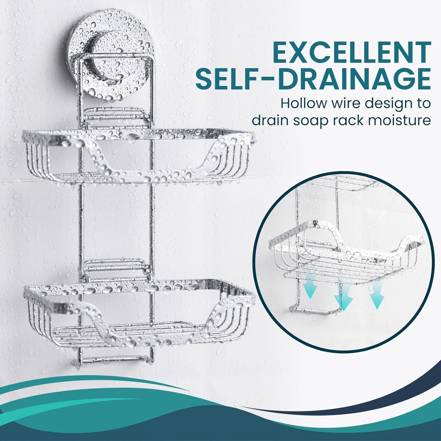 TAILI Double Layer Soap Holder, Drill-Free Bar Soap Dish Tray Suction Cup, Draining for Shower Wall, Bath Storage, Rustproof Stainless Steel Sponge Holder for Tub, Kitchen, Silver