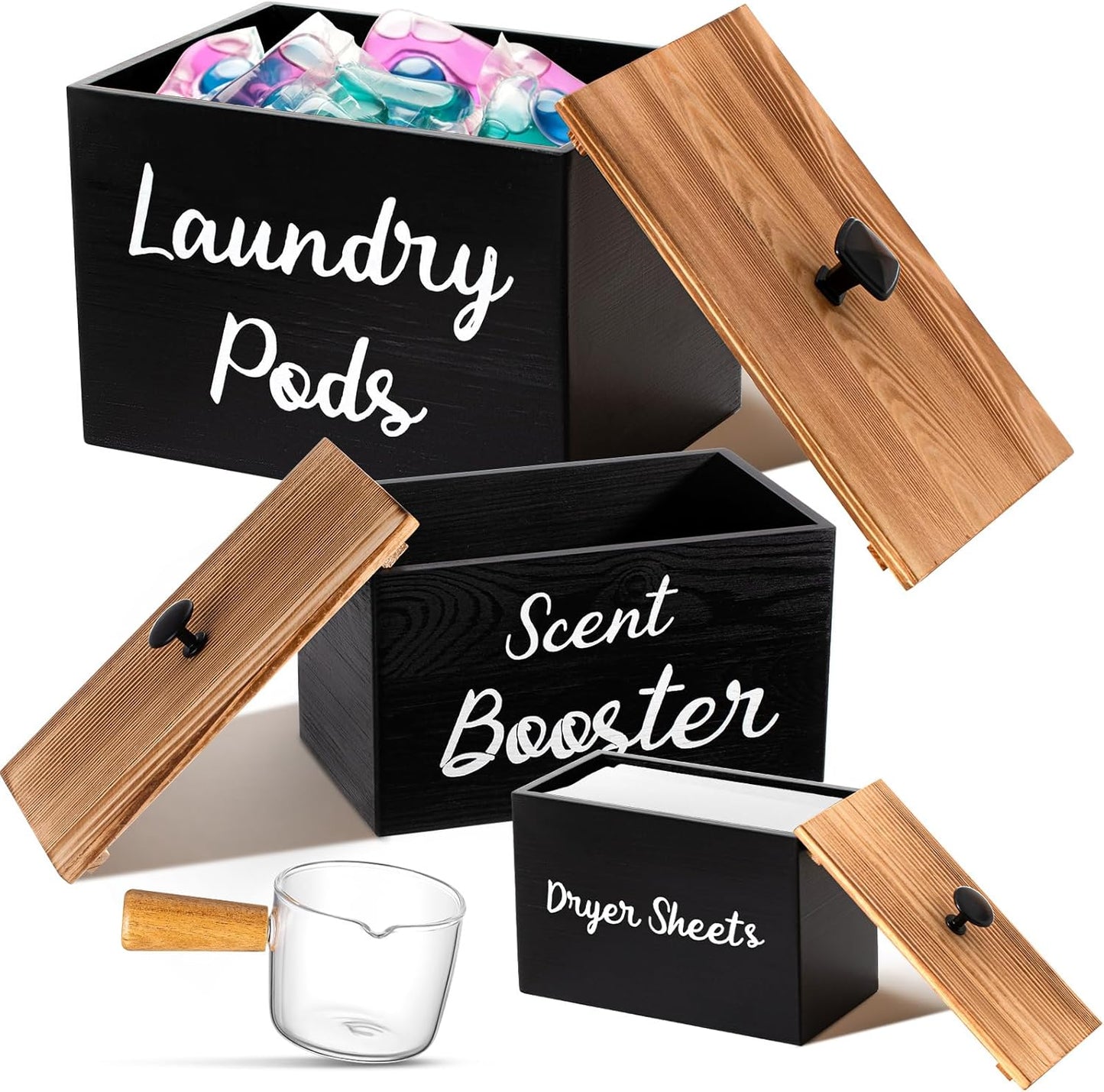 Dandat 3 Pcs Dryer Sheet Holder Laundry Pod Holder Scent Booster Container Set with Scoop Rustic Wood Dryer Sheet Container Laundry Beads Dispenser for Storage(Black)