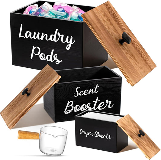 Dandat 3 Pcs Dryer Sheet Holder Laundry Pod Holder Scent Booster Container Set with Scoop Rustic Wood Dryer Sheet Container Laundry Beads Dispenser for Storage(Black)
