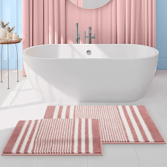 Tindbea Bathroom Rugs Set 2 Piece, Extra Soft and Absorbent Fluffy Striped Chenille Bath Mat Rug Set, Non Slip Bathroom Floor Mat, Machine Washable (20" x 32" Plus 16" x 24", Pink)