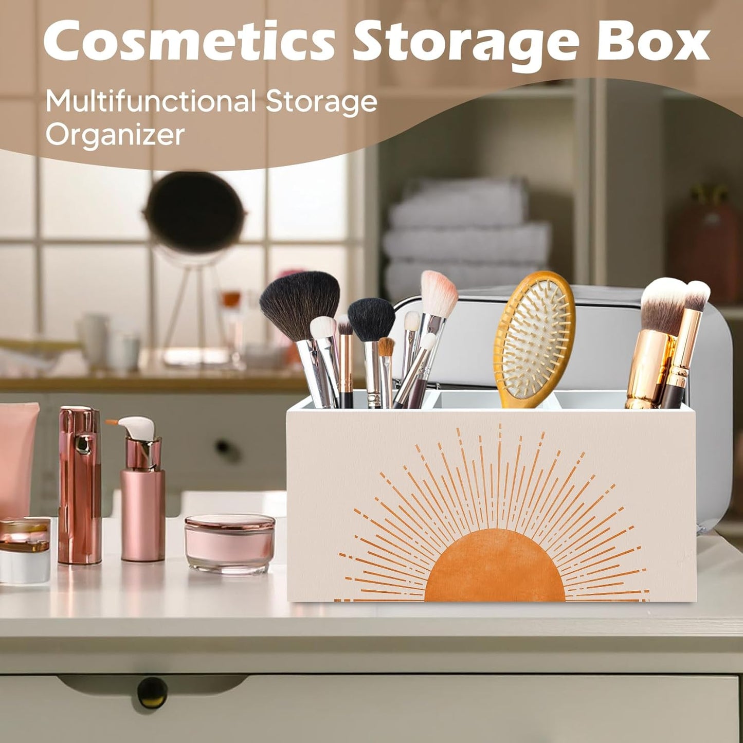 DILSJ Boho Abstract Sunshine Pen Pencil Holder Organizer for Desk, Boho Office Decor, Mid Century Modern Minimalist Sun Sunset Sunshine Wooden Box Signs for Home Office Desk Tabletop Decoration