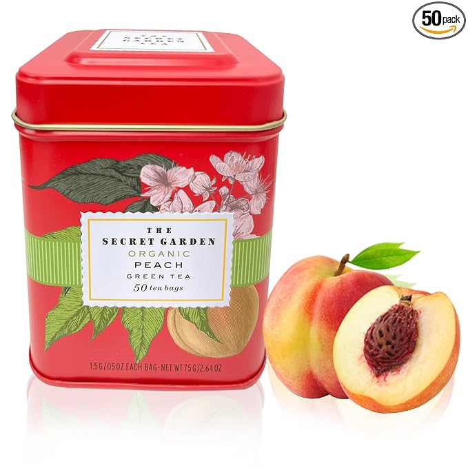 Organic Peach Ceylon Green Tea - 50 Packets - Natural Antioxidant Rich Herbal Leaf Teabags - USDA Certified 100% Non-GMO - Caffeinated Designer Gift Tin