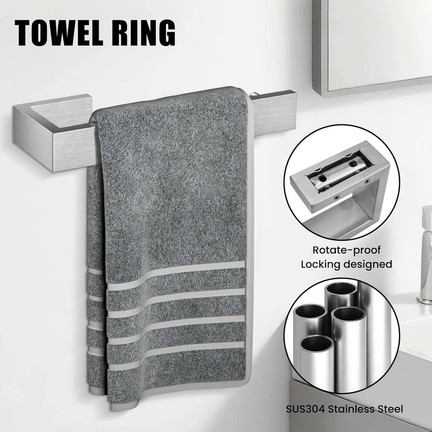 4 Pcs SUS304 Stainless Steel Bathroom Accessories Set, 24" Towel Bar, Towel Holder, Toilet Paper Holder, Robe Hook, Minimalist Design for All Styles Bathrooms (Brushed Nickel)