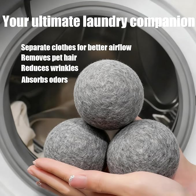 6 Pack Wool Dryer Balls Laundry Reusable Anti Static, Cotton Balls Wool Laundry Balls for Dryer Reduces Clothing Wrinkles Natural Fabric Softener Last 1000+ Loads (Dark Grey, 2.75 in/7 cm)