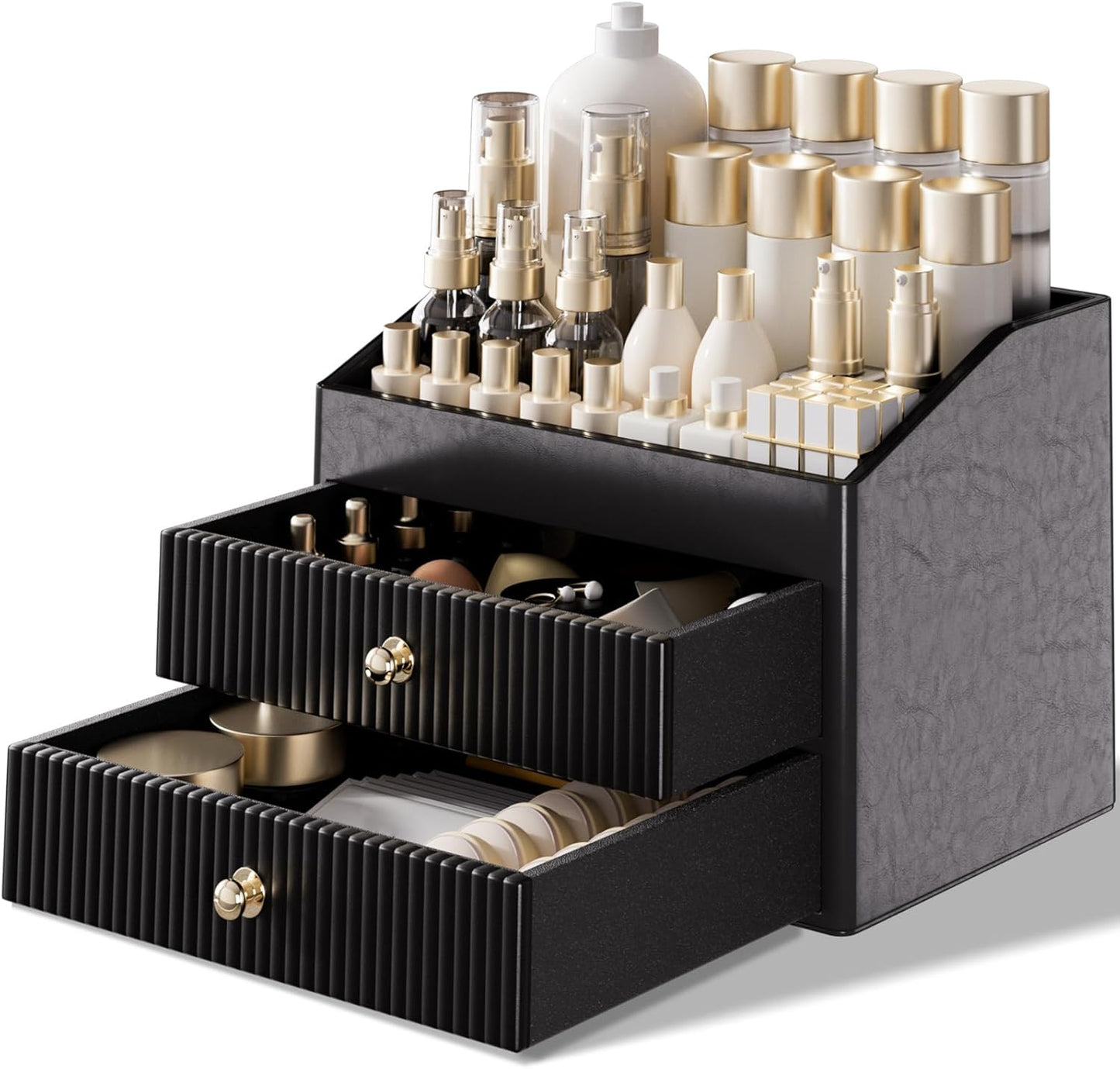 Make up Organizers for Vanity,Leather Makeup organizer for Vanity,Large Capacity Black Vanity Storage for Nail Polish,Bedroom,Bathroom,Gifts for Mom,Unique Gifts for Women