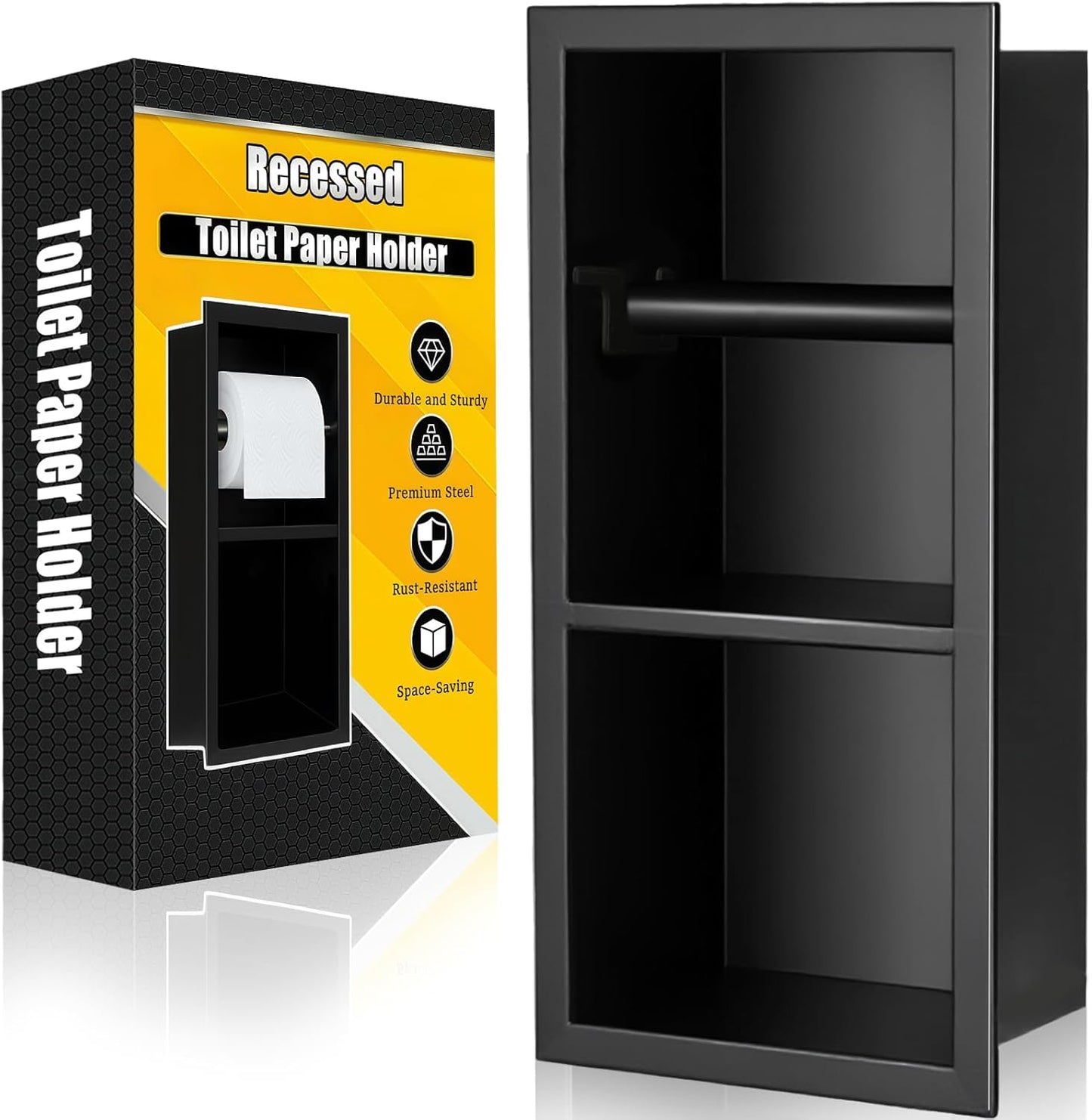 Recessed Toilet Paper Holder, Matte Black Toilet Paper Roll Holder Built-in Bathroom Tissue Roll Holder with Storage, Stainless Steel，Rust-Proof and Space-Saving