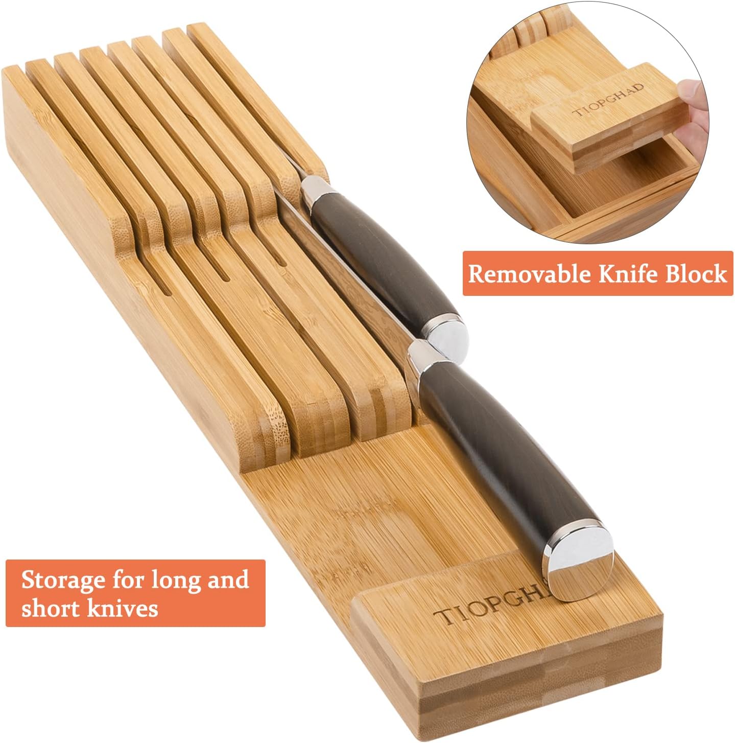Bamboo-Silverware-Drawer-Organizer-Kitchen, Expandable Utensil Holder Cutlery Tray Flatware Organization Adjustable Wood Tableware Dividers Storage (with Removable Knife Block)(Natural)