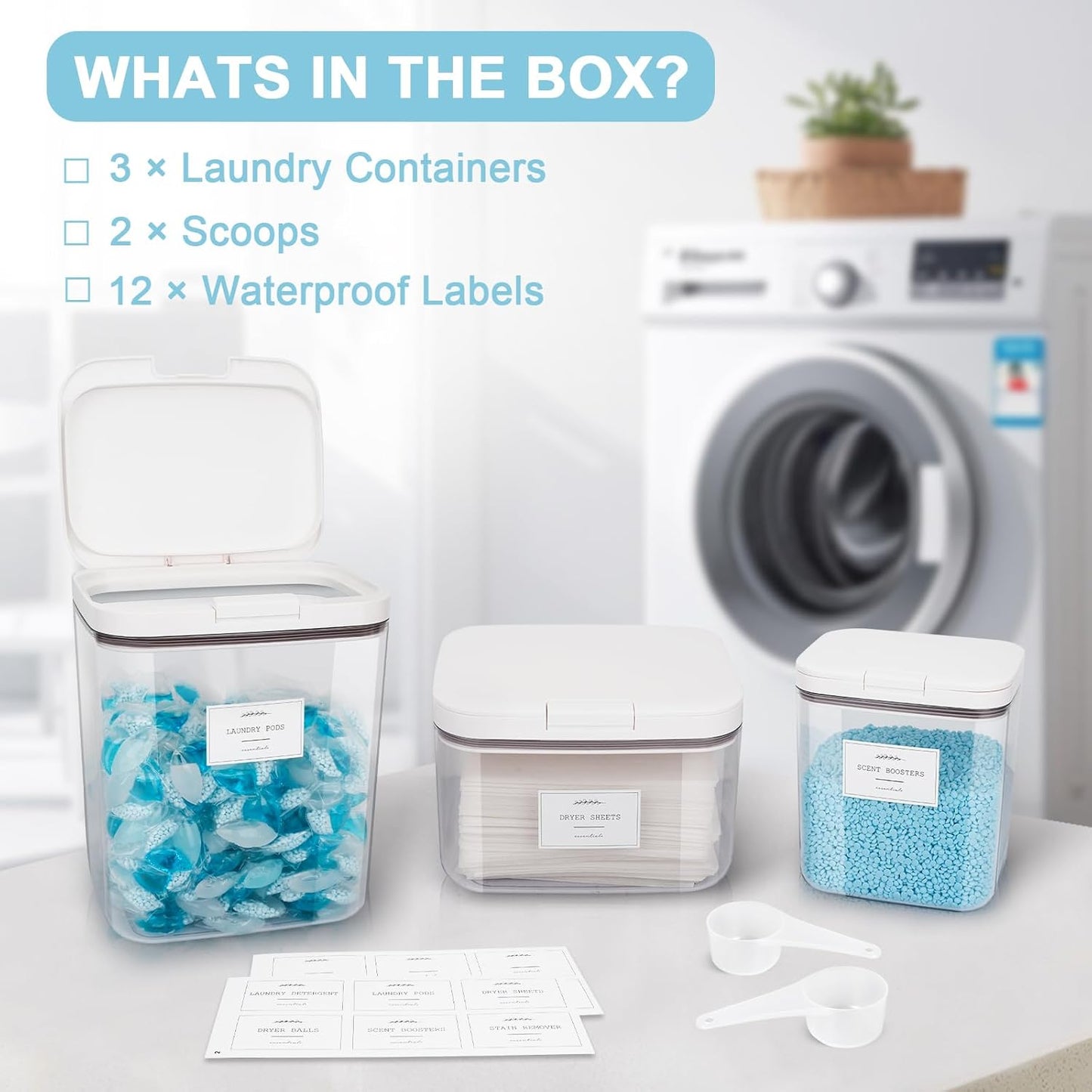 3 Pack Laundry Powder Containers & Dryer Sheet Holder with Lids & Labels - Airtight Laundry Room Organization and Storage Jars for Pods, Scent Beads, Balls, Detergent