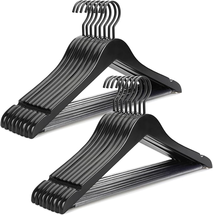 TOPIA HANGER Premium Wooden Hangers, Luxury Boutique Wood Hangers with Extra Thick Hook and Non Slip Pants Bar, Heavy Duty Coat Hanger with Notches 16 Pack, Black -CT01B