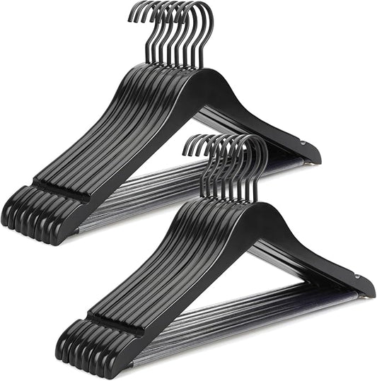 TOPIA HANGER Premium Wooden Hangers, Luxury Boutique Wood Hangers with Extra Thick Hook and Non Slip Pants Bar, Heavy Duty Coat Hanger with Notches 16 Pack, Black -CT01B