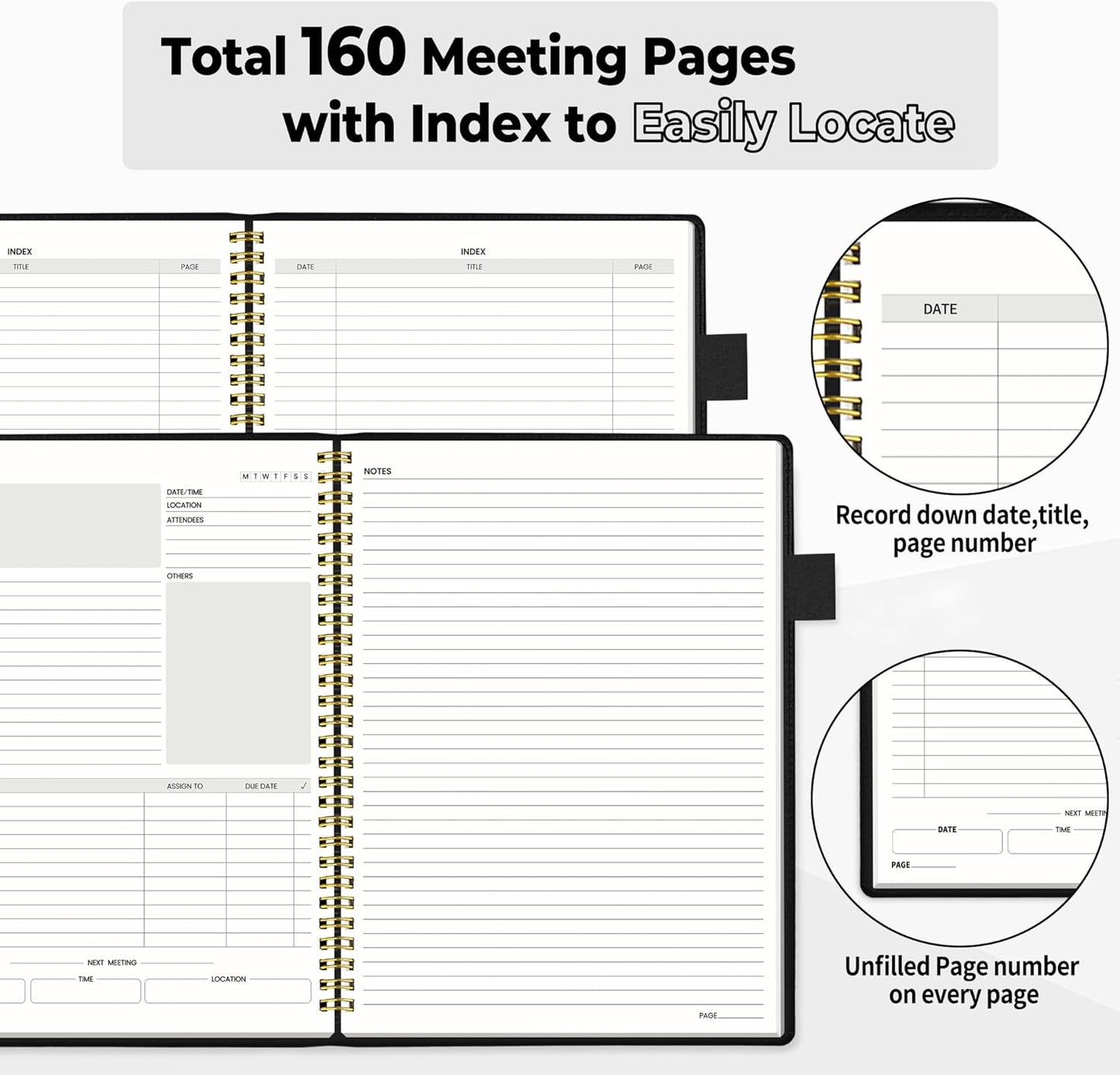 SUNEE Half Meeting Half Note - 7.5"x10" Professional Notebooks for Work - 160 Pages, B5 Size Project Planner, Spiral Meeting Agenda Organizer for Women Men, Note Taking,Office with Vegan Leather Cover