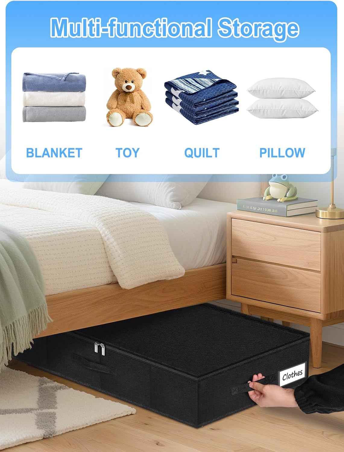 Under Bed Storage Bags with Zipper, 7 Inch Tall Underbed Storage Containers with Rigid Sides & Bottom,30x15x6.7 Inches, Large Clothes Organizer Box for Bedroom, Dorm, Couch, Black