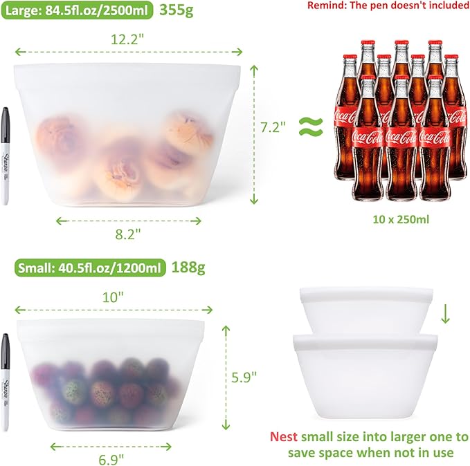 Silicone Bags for Food Storage, Reusable Food Storage Containers Zip Lock Silicone Bags Stand Up Snack Bags, Freezer Microwave Oven Dishwasher Safe,Plastice BPA-Free 4 Pack 2 Size(84oz & 40oz)