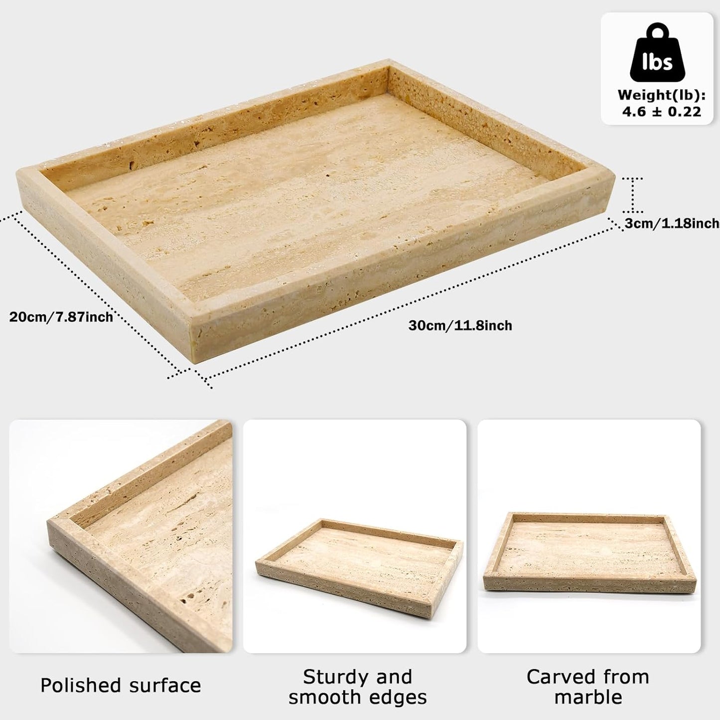 Travertine Tray,Bathroom Vanity Tray Non-Ceramic/Non-Resin,Marble Perfume Decorative Tray 12 x 8 inch (Travertine)
