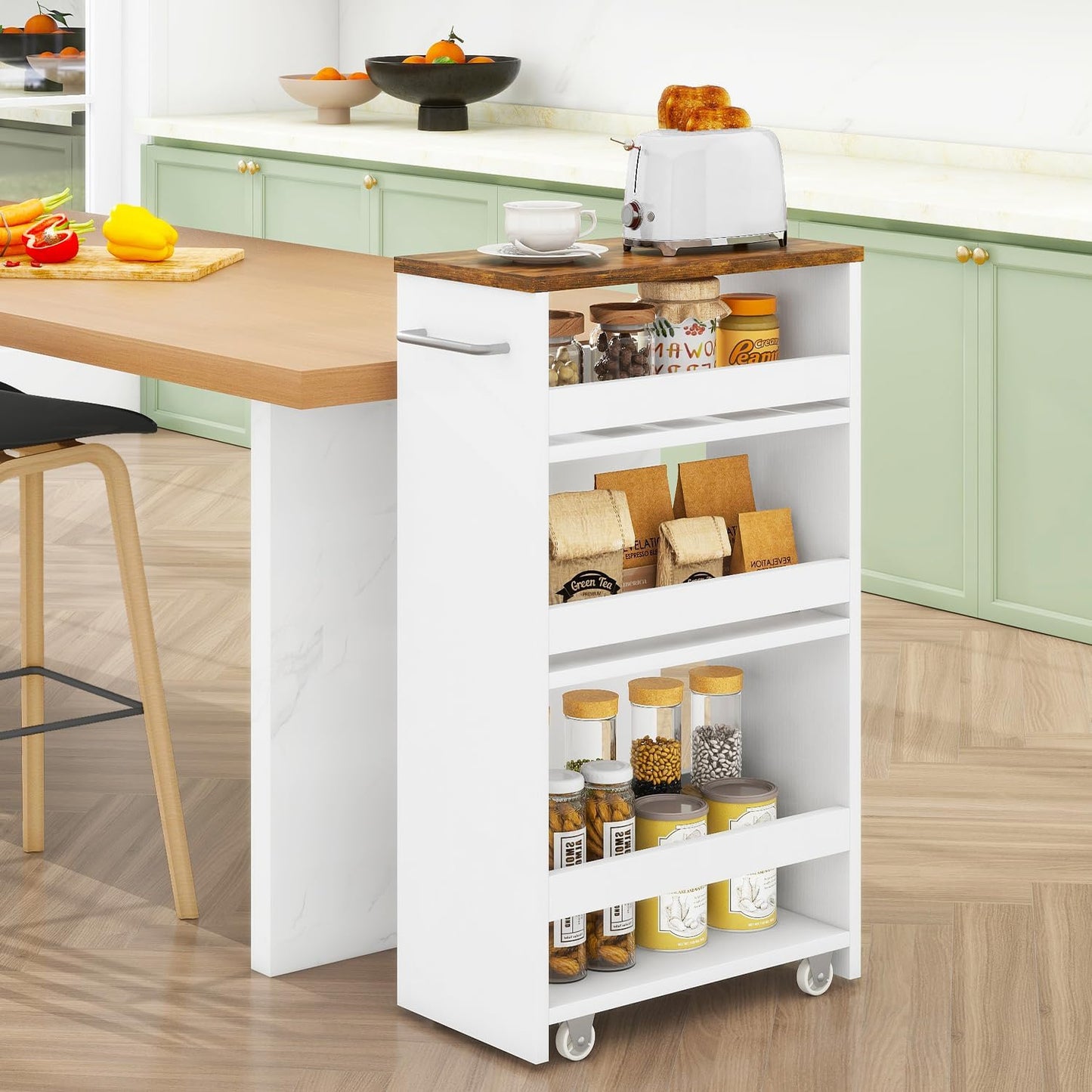 IBUYKE Slim Storage Cart 7.9" W, Rolling Kitchen Storage cart on Wheels for Small Spaces, 4-Tier Laundry Cart with Handle, Slide Out Utility Cart for Kitchen, Bathroom, Laundry,White UWST005W-L