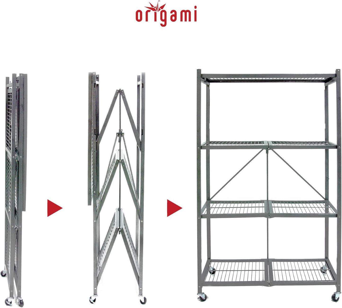 Origami 4-Pack R5 Storage Rack, 4-Tier Heavy-Duty Foldable Steel Shelf with Wheels, Gray