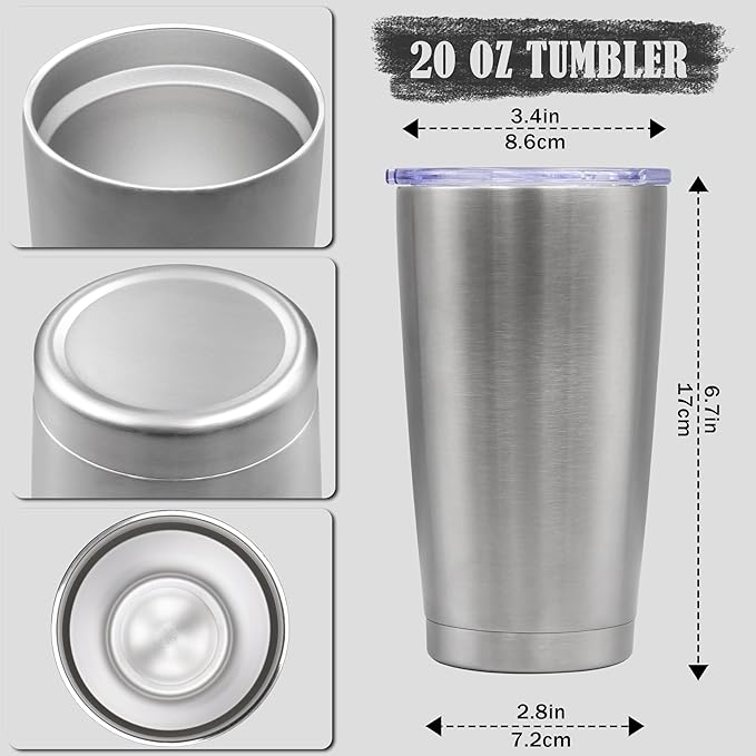 20 oz Tumbler Coffee Travel Tumblers Bulk with Lid Stainless Steel Double Wall Vacuum Insulated Mug Powder Coated Cups fit Car Cupholder for Hot and Cold - Stainless Steel, 4Pack