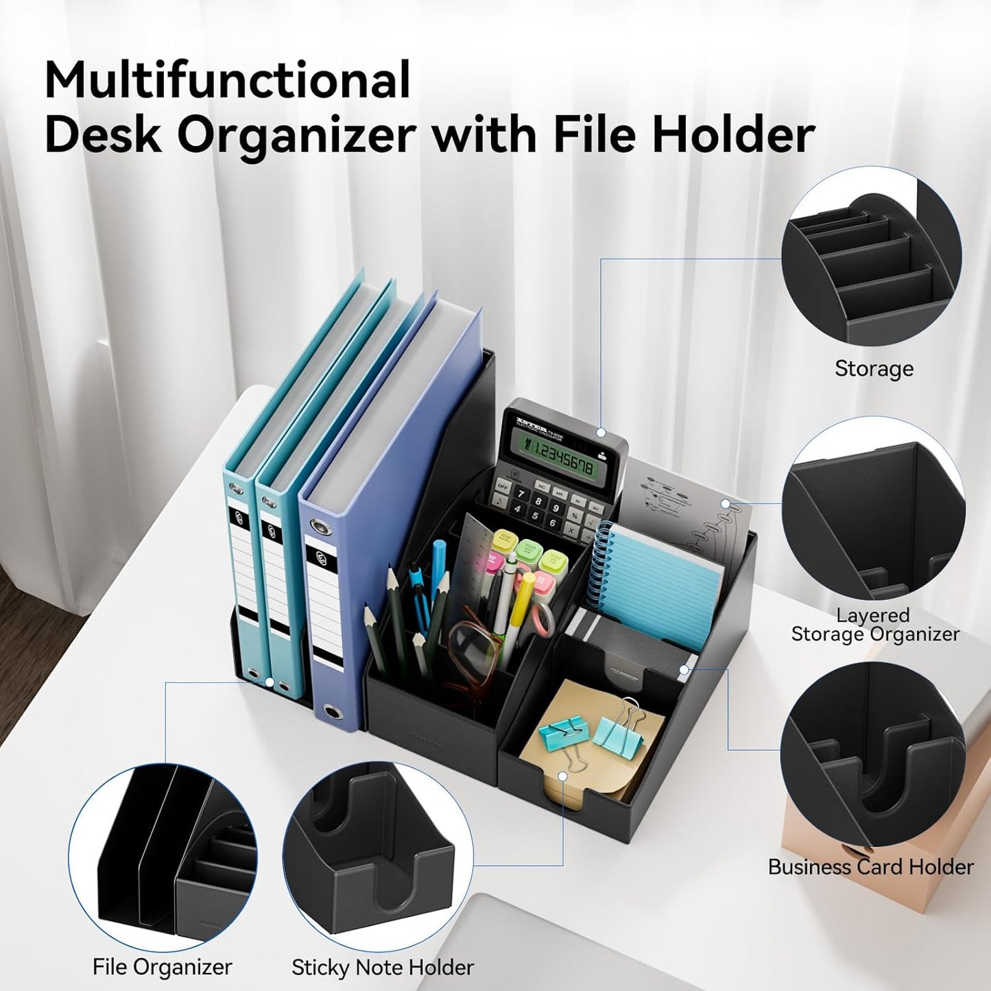 Magnetic Desk Organizer Set - Multifunctional PU Leather Desktop Storage with File Holder, 5-Tier Storage Box, Card and Sticky Note Slots, Office Supplies Accessories for Desk & Workspace