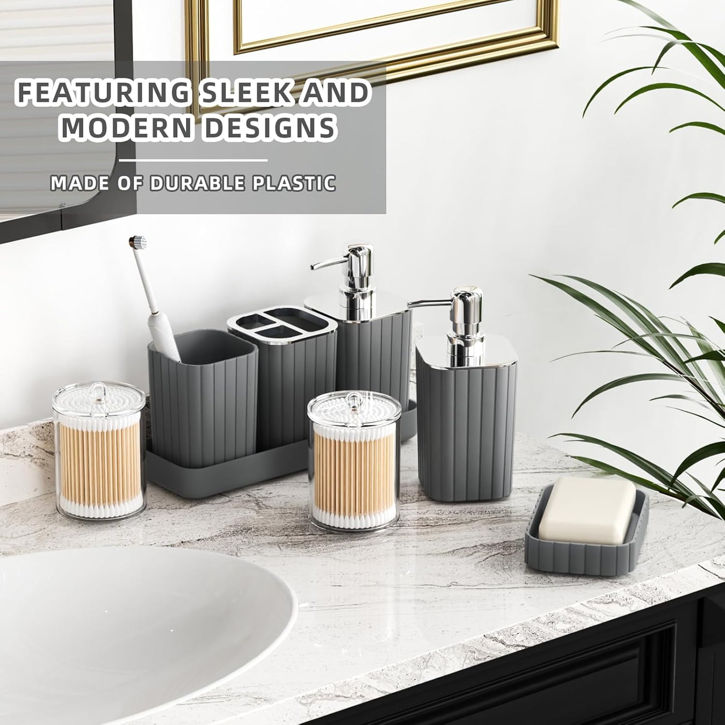 Bathroom Accessories Set - Gorgeous Grey Bathroom Set, 10PC Bathroom Accessory Set, Gray Bathroom Accessories Set, Trash Can, Qtip Holder Dispenser & Soap Dispenser