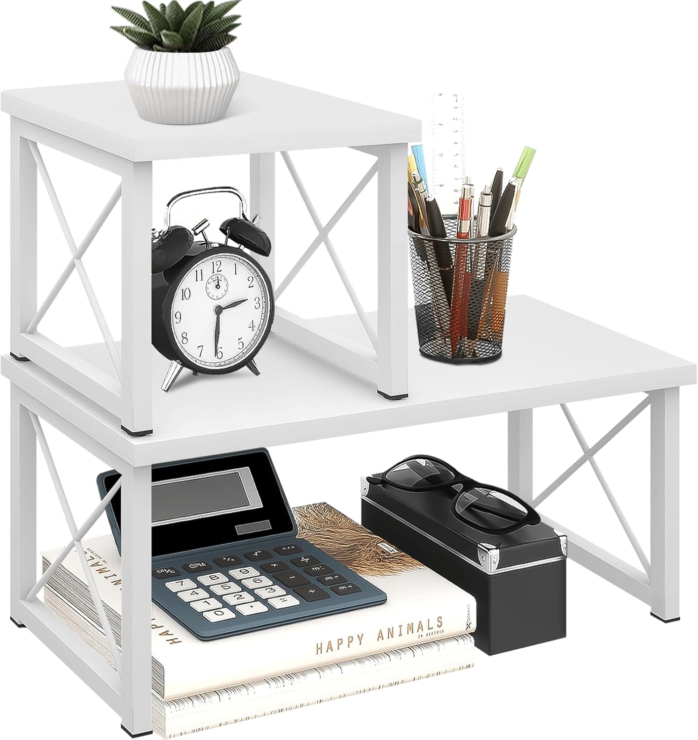 ELITEROO Wood Desktop Shelf, Freestanding Small Bookshelf Dorm Supplies Organizers, 2 Tier Independent Stackable Desk Stand, Adjustable Storage Organizer, Kitchen Counter Display Rack, White