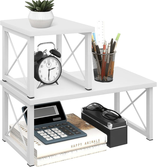 ELITEROO Wood Desktop Shelf, Freestanding Small Bookshelf Dorm Supplies Organizers, 2 Tier Independent Stackable Desk Stand, Adjustable Storage Organizer, Kitchen Counter Display Rack, White