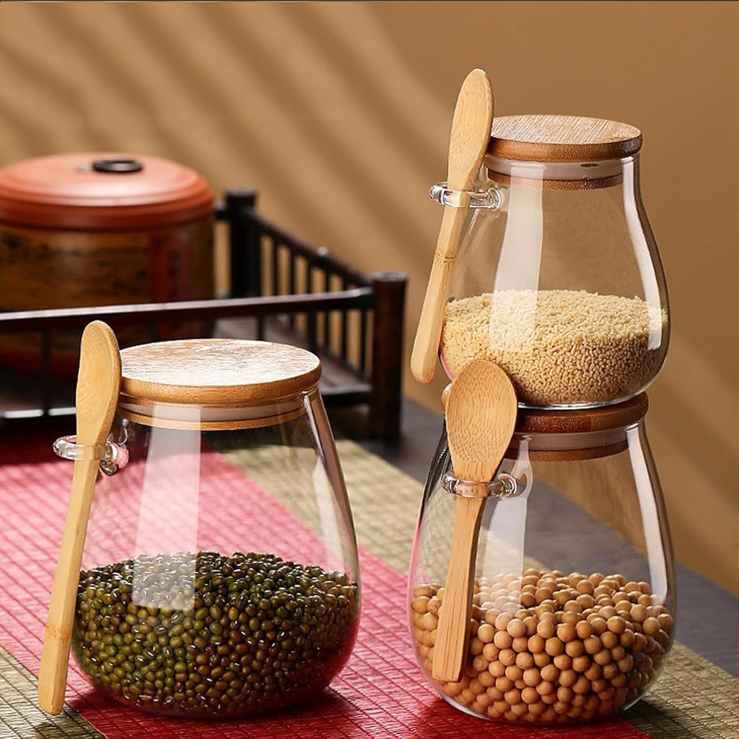 Airtight glass jar storage container with bamboo lid Set of 4, wide mouth, leak-proof, With a spoon, can be used for coffee beans, tea leaves, grains, dried fruits, etc (Middle*4pcs)