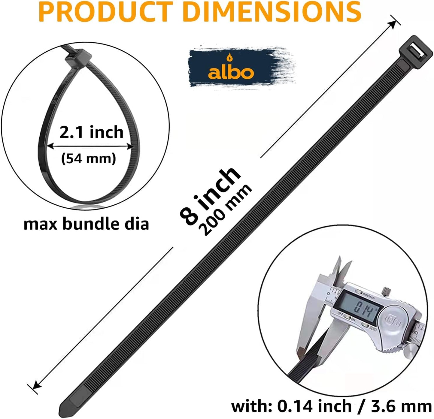 ALBO Zip Ties Black 8 Inch 1000 Pack 40 lb, Long Plastic Cable Ties Thick 0.14 Inch Tie Wraps Heavy Duty UV Resistant Nylon Wire Ties for Indoor and Outdoor