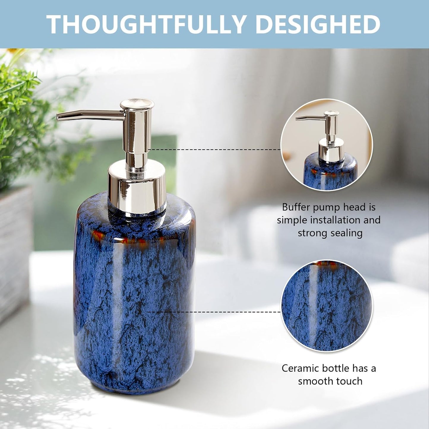 jessie Hand Soap Dispenser,Blue Ceramic Liquid Hand Soap Dispenser with Pump,Modern Vintage Refillable Hand Lotion Pump Bottle for Bathroom Kitchen Set 11.8 oz (Blue)