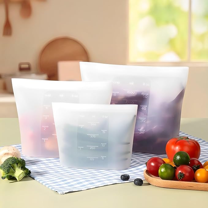 Reusable Storage Bag, 8 Pack 100% Silicone Food Storage Bags Stand Up Silicone Zip Lock Bags for Food Container, Freezer Microwave Oven Dishwasher Safe, 4 Medium 2 Small 2 Extra Small, Translucent
