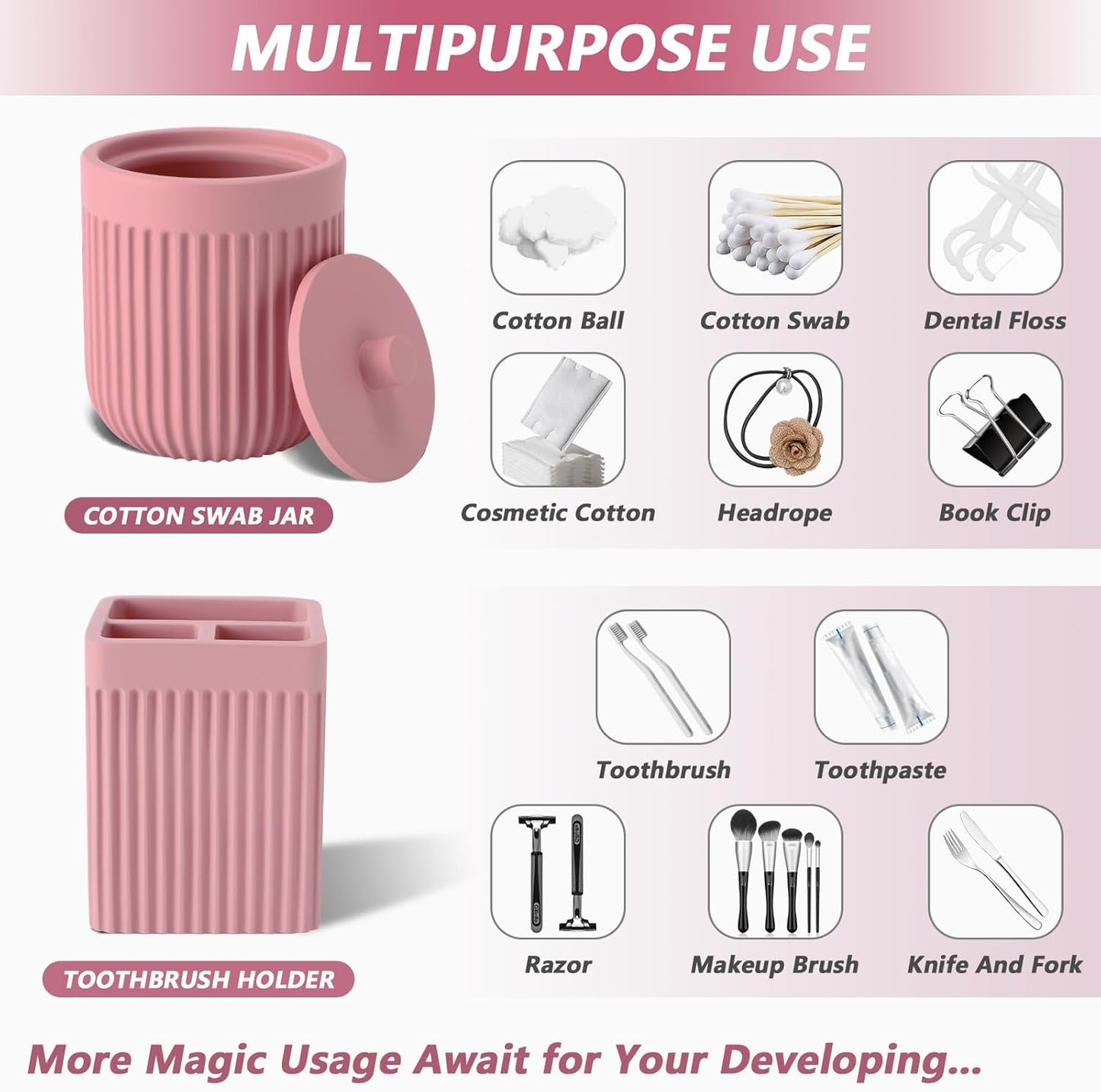 Resin Pink Bathroom Accessories Set 5 Pcs, Lotion Soap Dispenser, Toothbrush Holder, Bathroom Tumbler, Qtip Holder and Vanity Tray, Bathroom Countertop Organizer Set for Modern Home Apartment