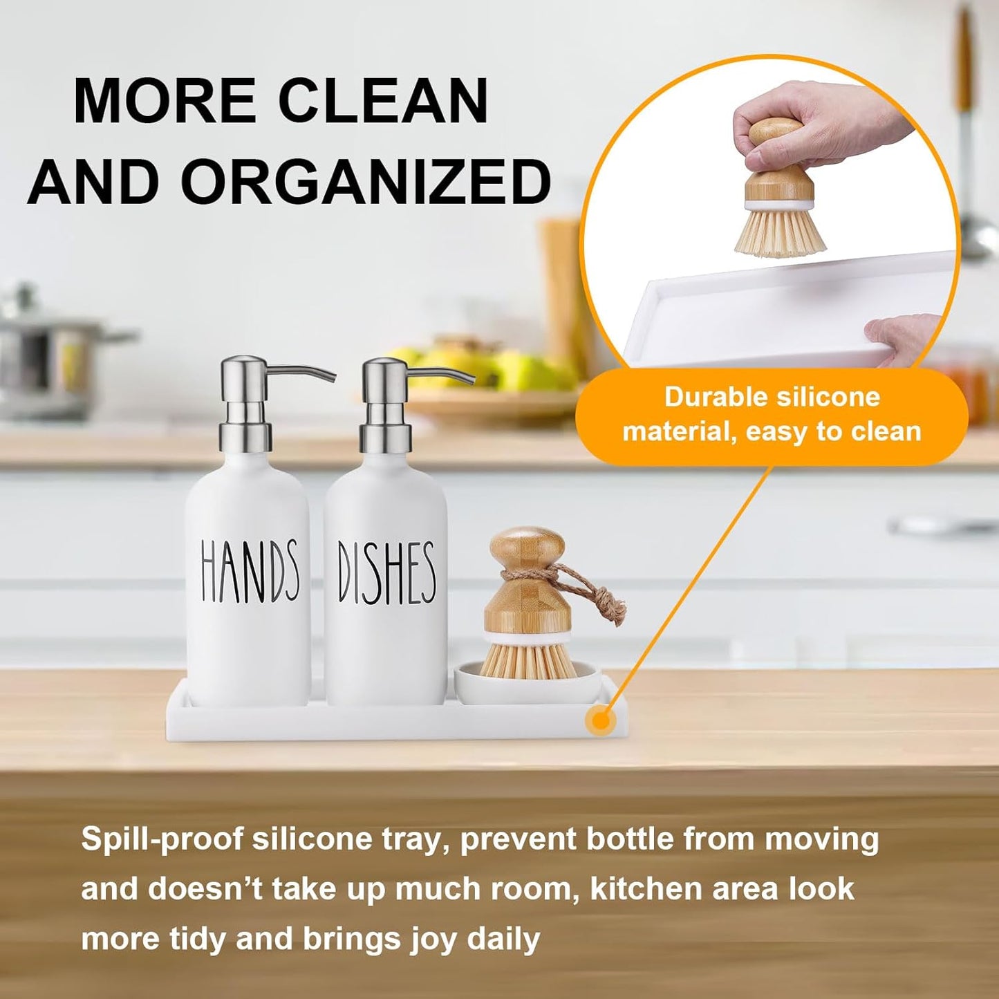 Glass Soap Dispenser for Kitchen,Farmhouse Kitchen Dish Hand Soap Dispenser Set,Rustproof Pump Soap Lotion Dispenser Set with Tray and Dish Brush,Kitchen Decor White-Silver Pump