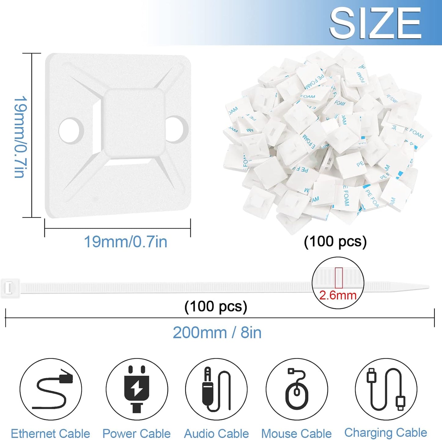 Zip Tie Mounts - SeuYeugX 1000 PCS Cable Self Adhesive Mounts Set for Wire Management with Stick Pads Anchors Clips Squares Holders (White)