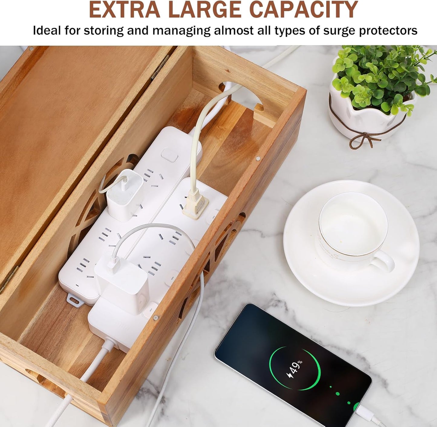 Wood Cable Management Box - 15.8" (L) x 6" (W) 5.5" (H) Acacia Wood Cable Hider Box, Cord Hider with Magnet Design & Outlet Hole, Power Strip Surge Protect & Organizer for Home Office Kitchen TV Wires