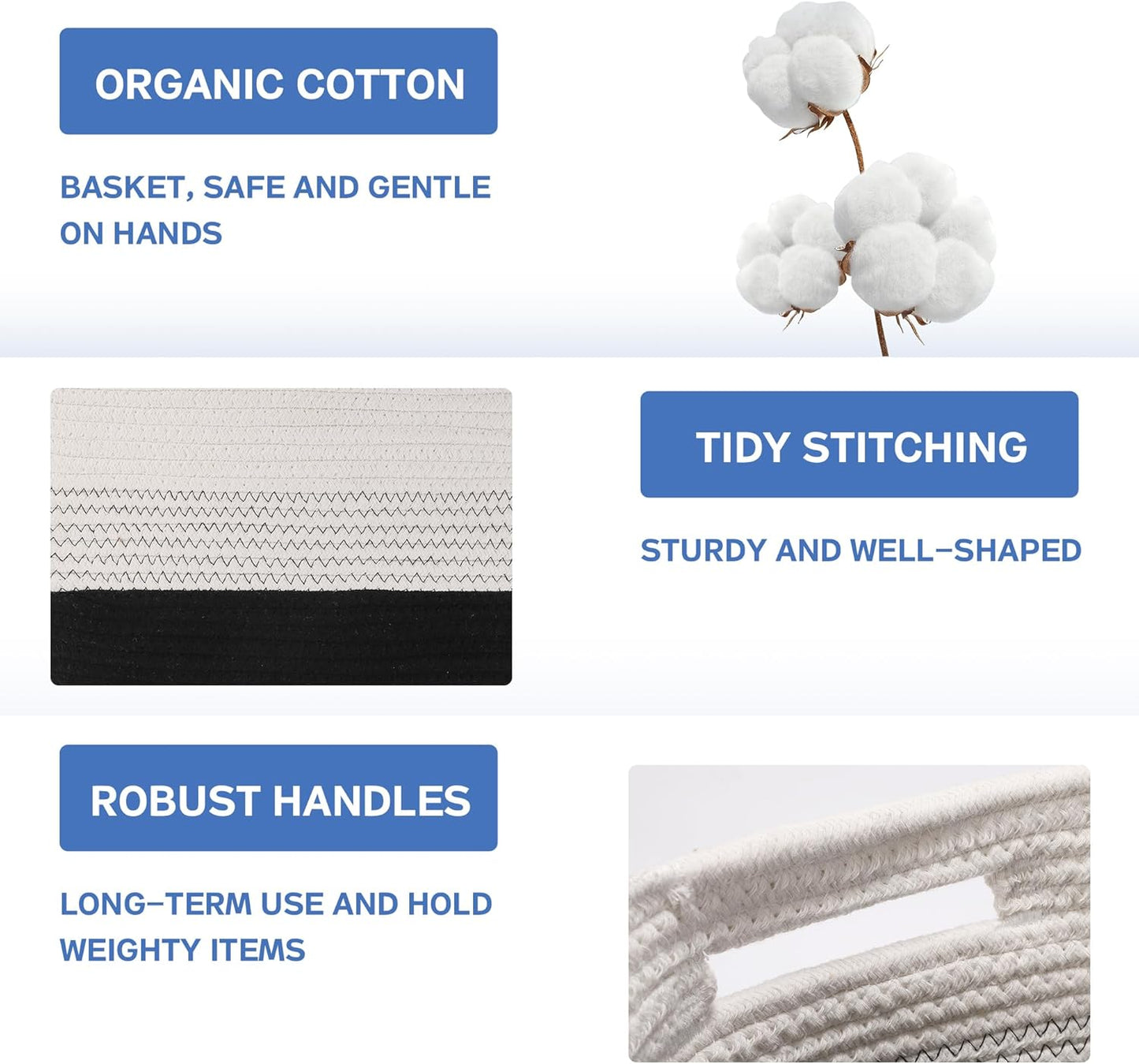 4 Pack Woven Storage Baskets for Organizing - Cotton Rope Baskets for Closet, Toys, Books, Towels, Durable Storage Bins for Shelves, Living Room, Bedroom, 14.76''Lx9.84''Wx8.86''H (Black, 13")