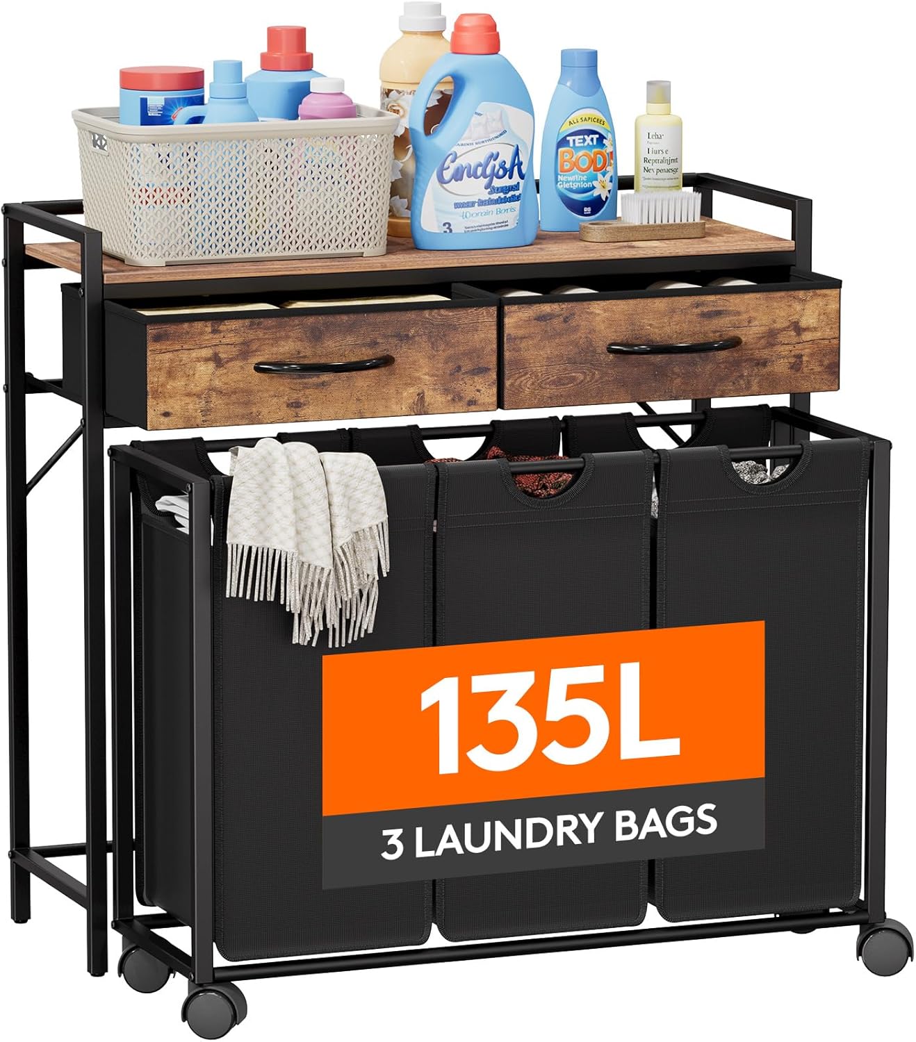 Lifewit Laundry hamper 3 Section, Large Rolling Laundry Sorter with Shelf & 2 Drawers, Pull-Out Laundry Basket Organizer with Wheels and Removable Bag for Laundry Room Bathroom, Rustic Brown and Black